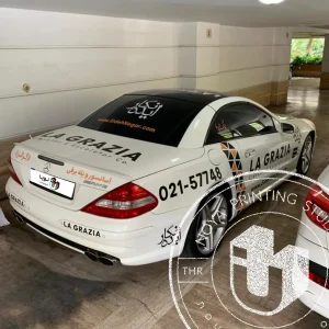 چاپ و نصب استیکر تبلیغاتی روی خودرو بنز اس ال برای شرکت ایده نگار